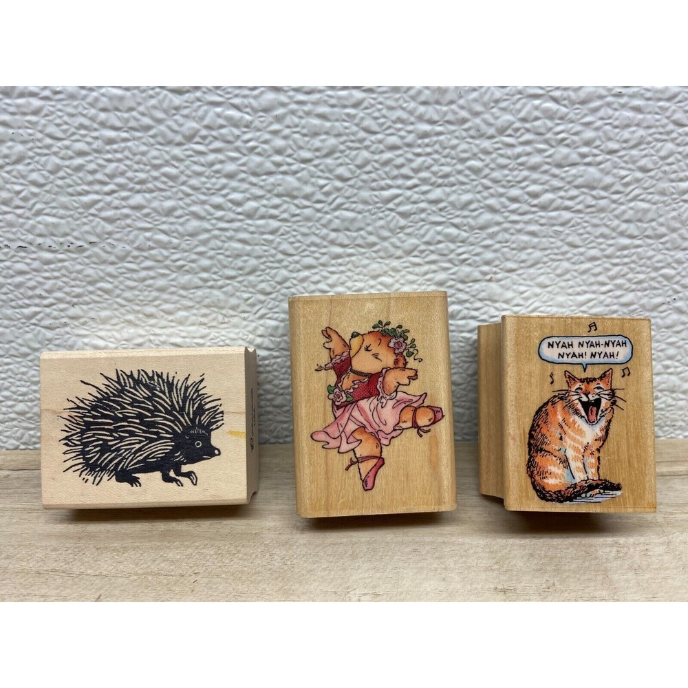 Set Of 3 Mixed Brands Wood Mounted Rubber Stamps